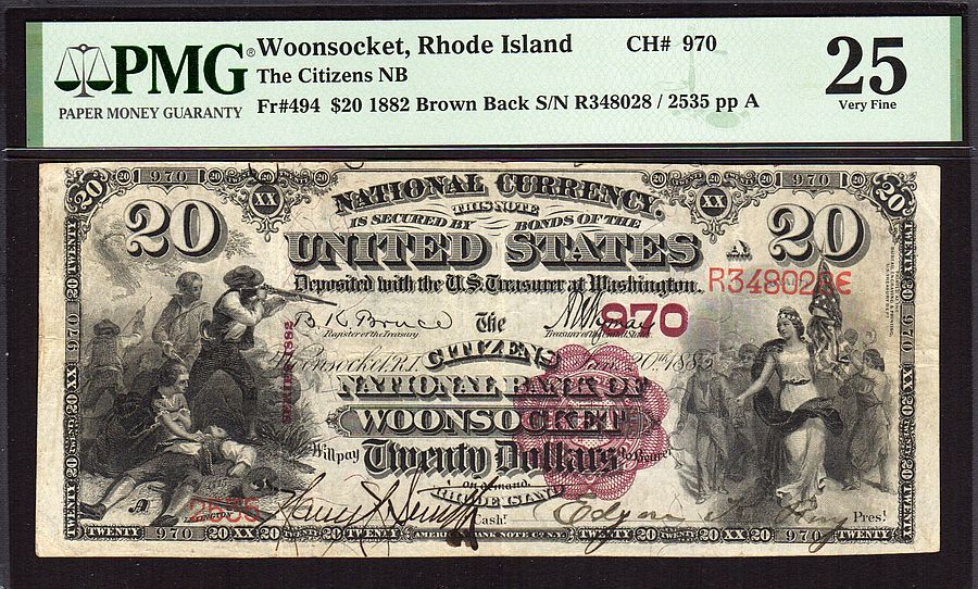 Woonsocket, RI Charter #970, Fr.494, 1882BB $20, 16497, Very Fine, PMG-25